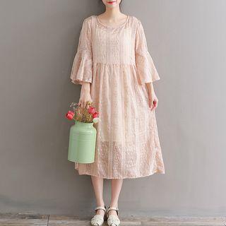 Set: Bell-sleeve Embroidered Chiffon Dress + Slipdress