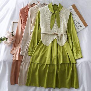 Set: Tie-neckline Layered A-line Dress + Knit Vest