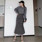 Color-block Plaid Long-sleeve Blouse / Plain High-waist Skirt