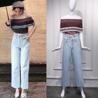 Off-shoulder Knit Top / Wide Leg Jeans