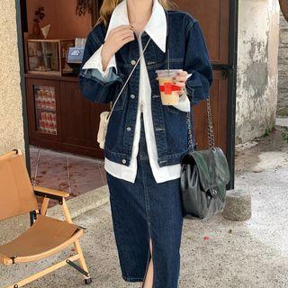 Denim Jacket / Slit Midi Pencil Skirt