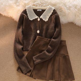 Long-sleeve Peter-pan Collar Cardigan / High-waist Skirt