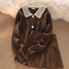 Long-sleeve Peter-pan Collar Cardigan / High-waist Skirt
