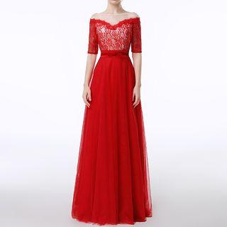 Short-sleeve Lace Panel A-line Evening Gown