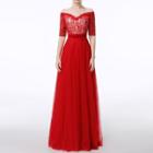 Short-sleeve Lace Panel A-line Evening Gown