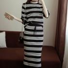 Set: Striped Elbow-sleeve Knit Top + Midi Skirt
