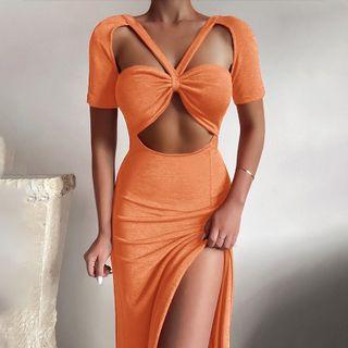 Cut-out Slit Short-sleeve Midi A-line Dress