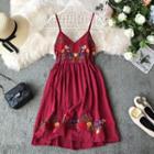 Spaghetti Strap Flower Embroidered A-line Dress