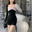Long-sleeve Off-shoulder Two-tone Slim-fit Mini Dress