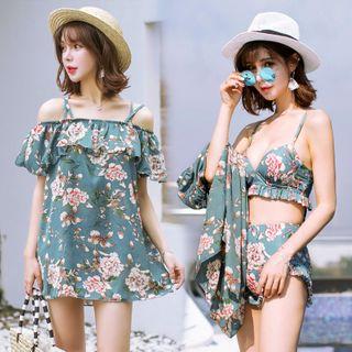 Set: Floral Print Bikini + Cold Shoulder Cover Up Dress