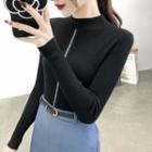 Long-sleeve Mock-neck Lace Panel Knit Top