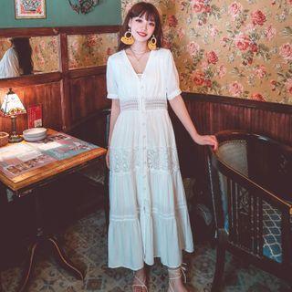 Short-sleeve Tiered Lace Panel Midi A-line Dress