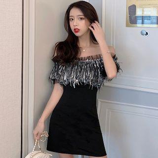Short-sleeve Off-shoulder Fringed Mini Sheath Dress