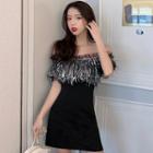 Short-sleeve Off-shoulder Fringed Mini Sheath Dress