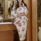 Mock Two-piece 3/4-sleeve Midi Sheath Dress