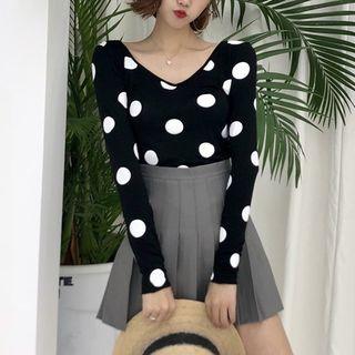 Dotted Printed Long Sleeve V-neck Top