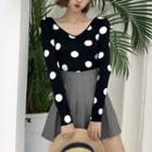 Dotted Printed Long Sleeve V-neck Top