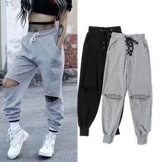 Lace Up Distressed Cropped Harem Pants