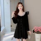Lace Trim Long-sleeve Mini A-line Velvet Dress