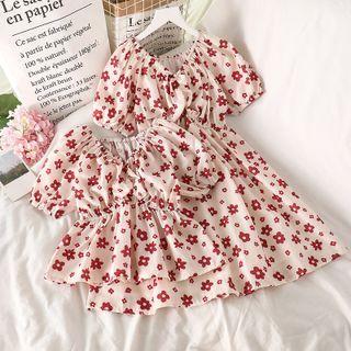 Puff-sleeve V-neck Floral Print Cropped Top / Dress