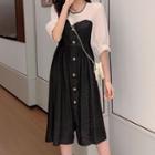 Mock Two-piece Elbow-sleeve Buttoned Dress