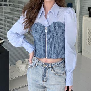 Mock-two-piece Puff-sleeve Panel Denim Zip Up Crop Top Blue - One Size