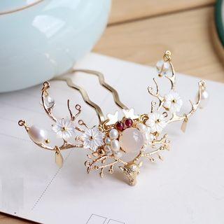 Retro Freshwater Pearl Floral Deer Horn Hair Pin