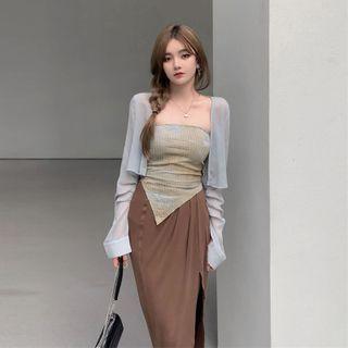 Tie-dye Print Tube Top / Cropped Cardigan / Slit Midi Pencil Skirt