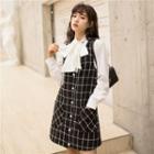 Long-sleeve Bow Accent Blouse / Tweed Mini Pinafore Dress