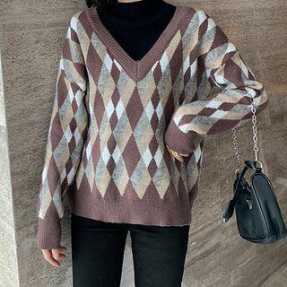 Mock Two-piece Argyle Mock-neck Sweater