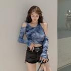 Cold-shoulder Tie-dyed T-shirt Blue - One Size