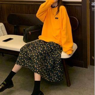 Plain Pullover / Floral Ruffle-collar Midi A-line Dress