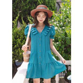 Pleat-collar Pintuck Flounced Shirtdress