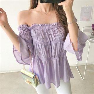 Off-shoulder Shirred Ruffled Top