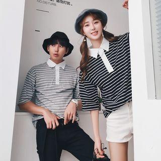 Couple Matching Striped Elbow-sleeve Polo Shirt