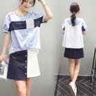 Set: Short-sleeve Paneled Top + Color-block A-line Skirt