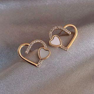 Rhinestone Heart Ear Stud 1 Pair - Silver Earring - One Size