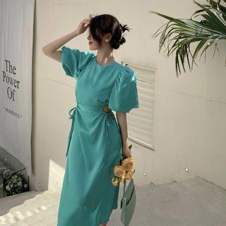Round-neck Plain Pleated Split A-line Dress