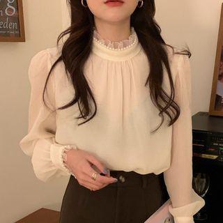Puff-sleeve Stand-collar Pearl Panel Top Almond - One Size