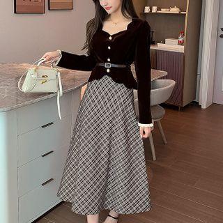 Sweetheart Neckline Velvet Cropped Top / Plaid Midi A-line Skirt