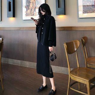 Wool Cloak / Mock-neck Knit Midi Dress