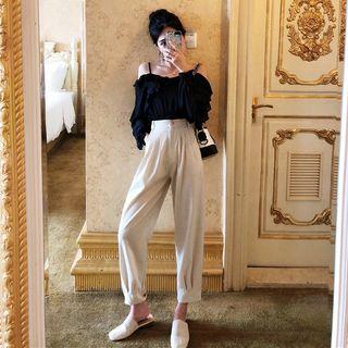 Off-shoulder Long-sleeve Chiffon Top / High-waist Cropped Pants