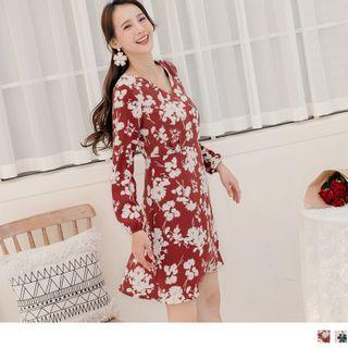 Long Sleeve V-neck Floral Print Mini A-line Dress