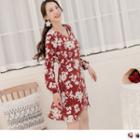 Long Sleeve V-neck Floral Print Mini A-line Dress