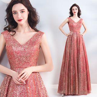 Glittered V-neck Sleeveless Evening Gown