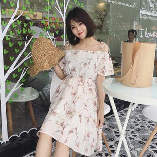Off-shoulder Spaghetti-strap Gathered-waist Short-sleeve Floral Print A-line Dress