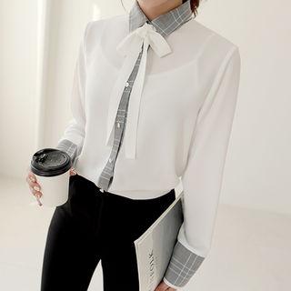 Detachable-ribbon Plaid-detail Shirt