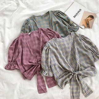 Color-block Plaid Lace-up Short-sleeve Top