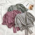 Color-block Plaid Lace-up Short-sleeve Top