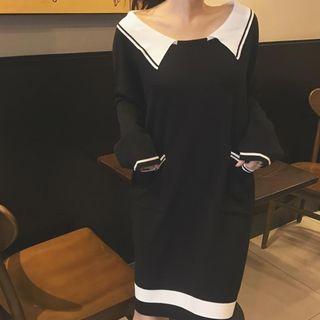 Contrast Collar Long-sleeve Knit Dress